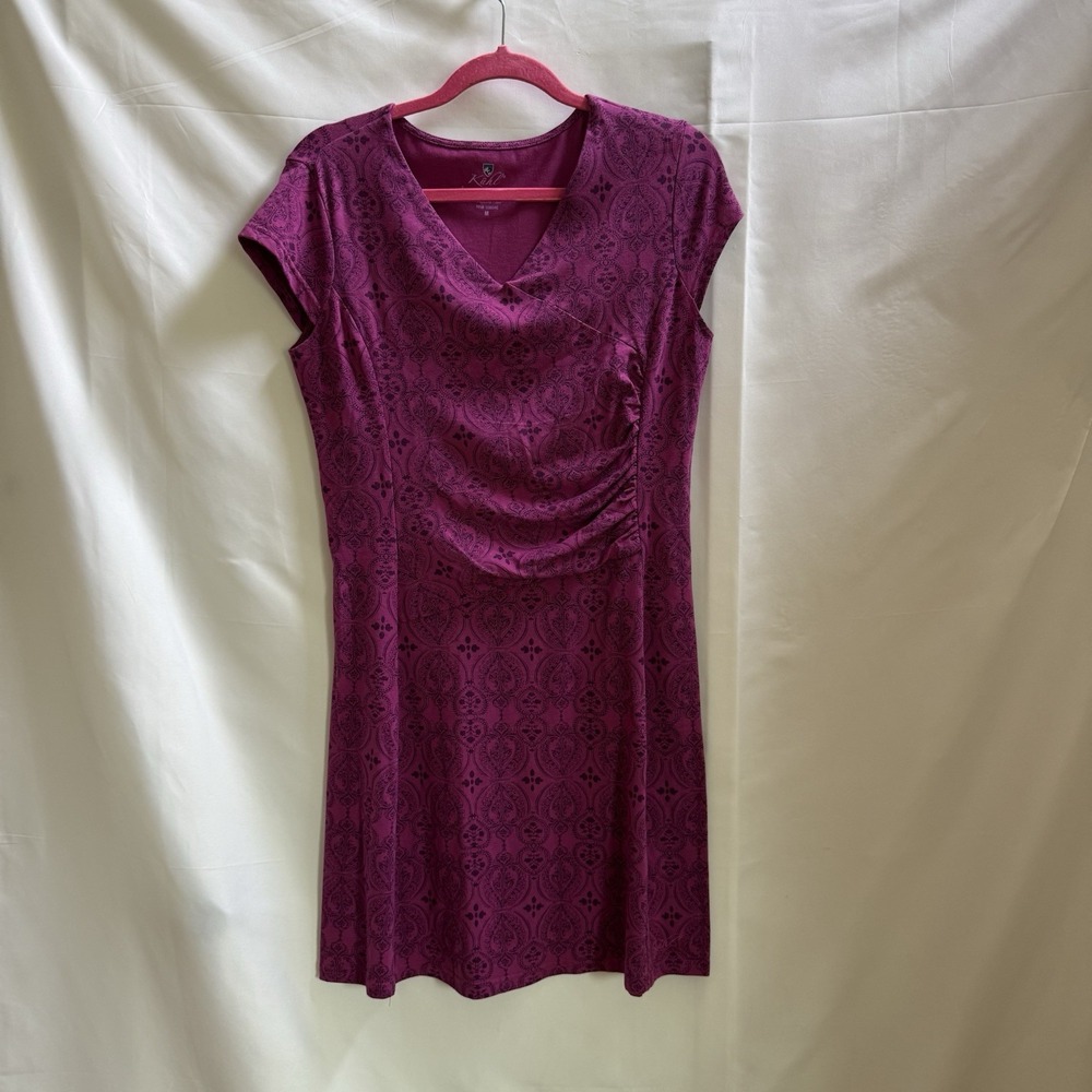 Kuhl Women's M Magenta Geometric V Neck Short Sleeve Ruched Coolmax Midi Dress